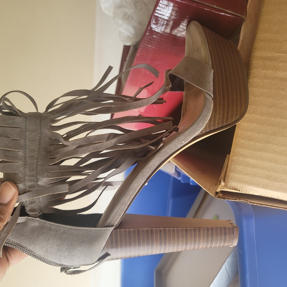 Gray and Brown Fringe Heels with Ankle Strap
